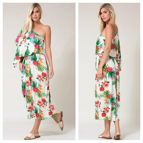 Cream floral tropical one shoulder jumper - Picture 2 of 4